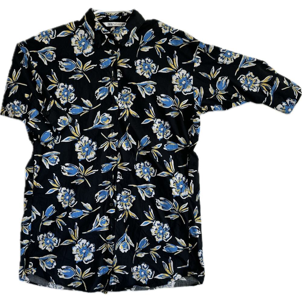 ZARA Button Front Cotton Shirt Dress Women's Size S Black with Blue Floral